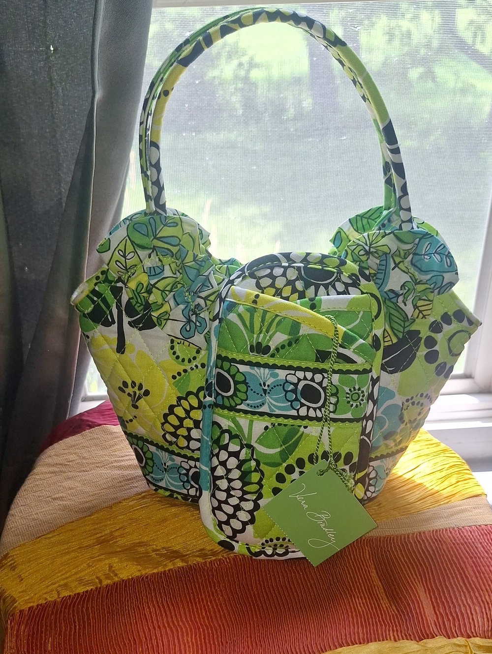 NWT Vera Bradley Lime Green Aqua Floral Quilted Ruffle Tote & Eye Glass Case